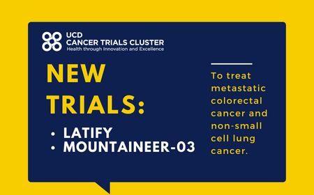 Speech bubble with the text: New Trials. LATIFY & MOUNTAINEERING-03. To treat metastatic colorectal cancer and non-small cell lung cancer.